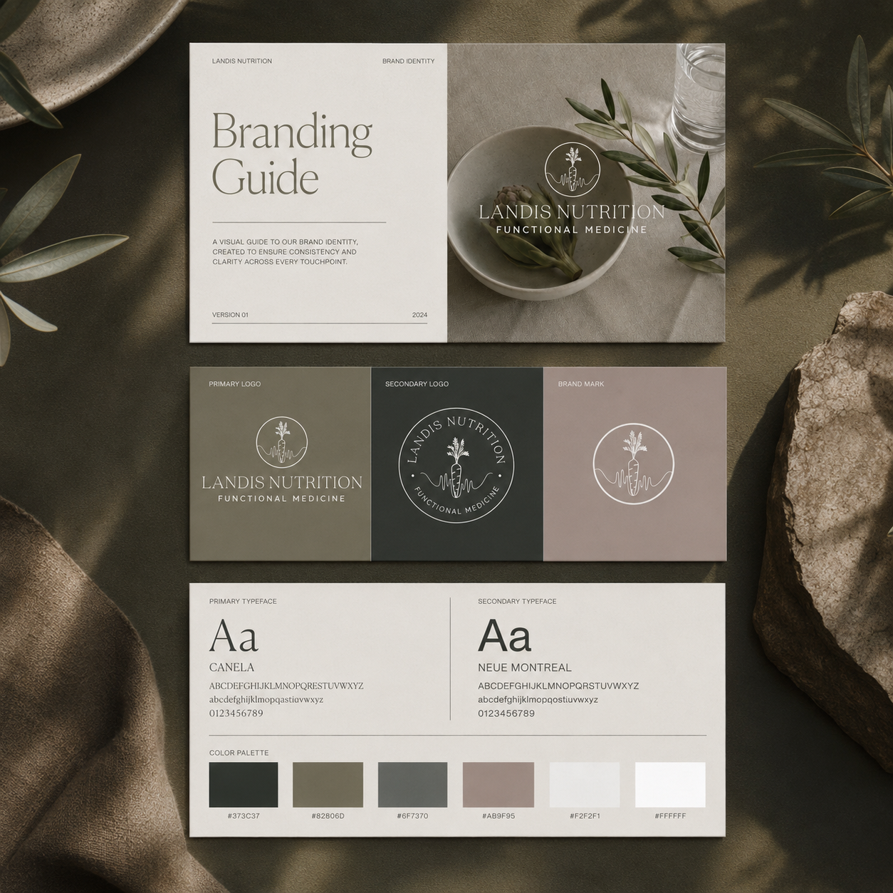 Landis Nutrition & Functional Medicine branding guide featuring the brand’s primary and secondary logos, botanical brand mark, Canela and Neue Montreal typography, and muted olive, charcoal, taupe, gray, and off-white color palette presented in an editorial layout.