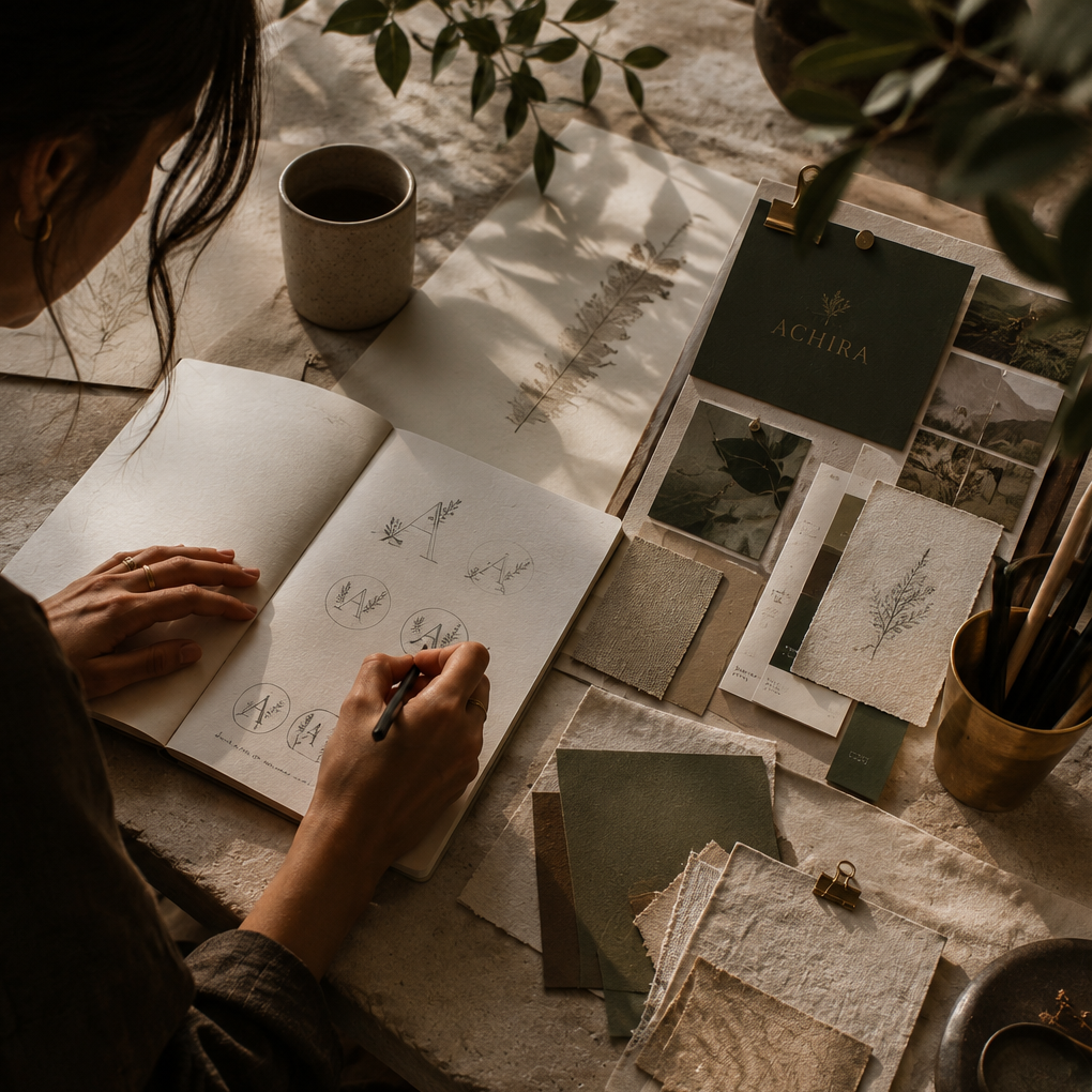Woman sketching logo concepts and developing a brand identity at a warm, earthy design studio workspace with mood boards, color swatches, and natural textures.