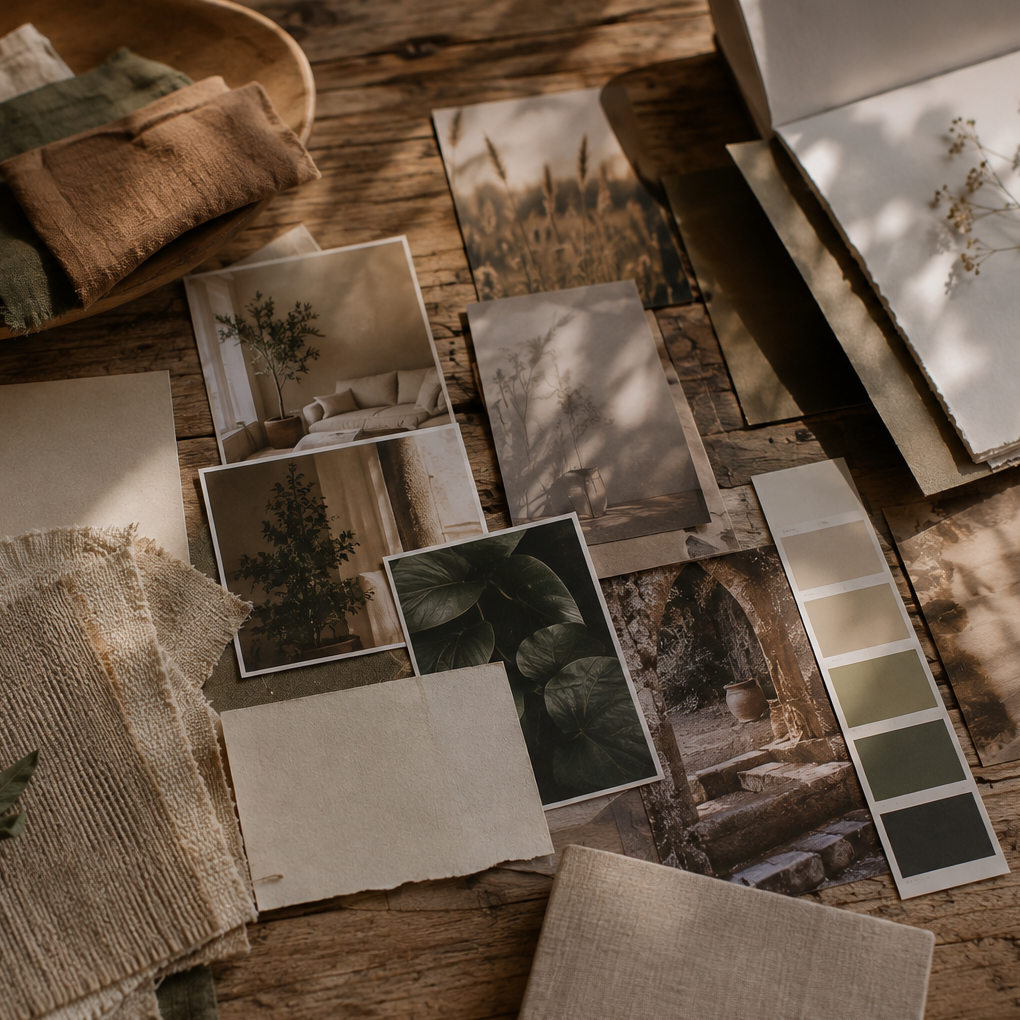 Brand designer developing a warm, earthy visual identity with moodboard imagery, natural textures, color swatches, and botanical inspiration.