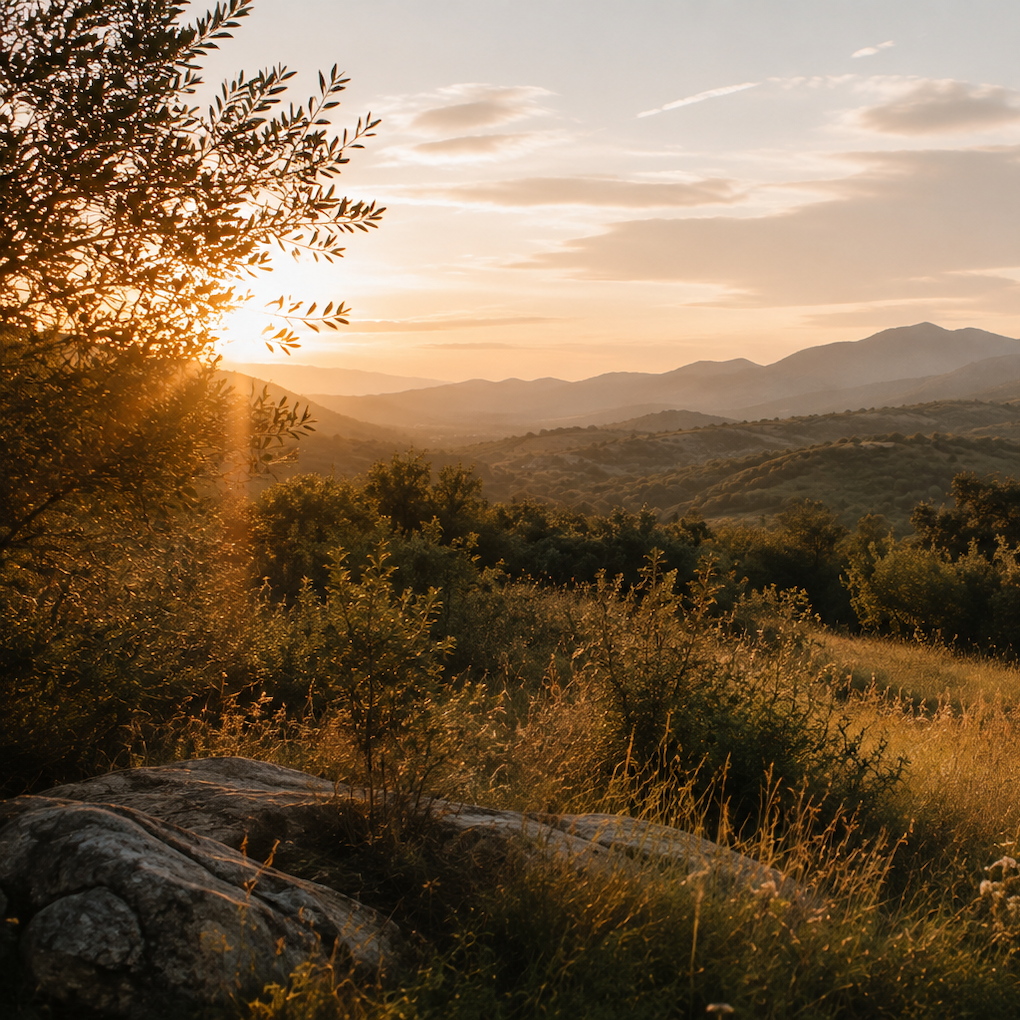Sunlit mountain valley and wild meadow at golden hour surrounded by trees and natural landscape.
